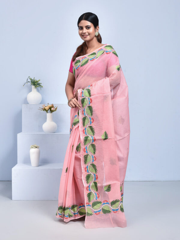 Peach Kota Doria Saree with Hand Embroidered Leaf Design - Image 5