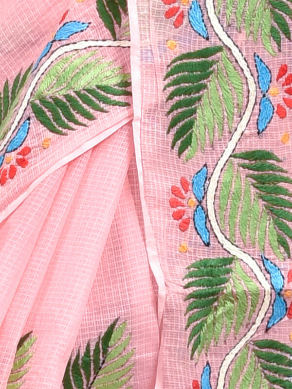 Peach Kota Doria Saree with Hand Embroidered Leaf Design - Image 6