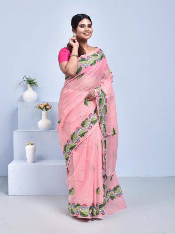 Peach Kota Doria Saree with Hand Embroidered Leaf Design - Image 3