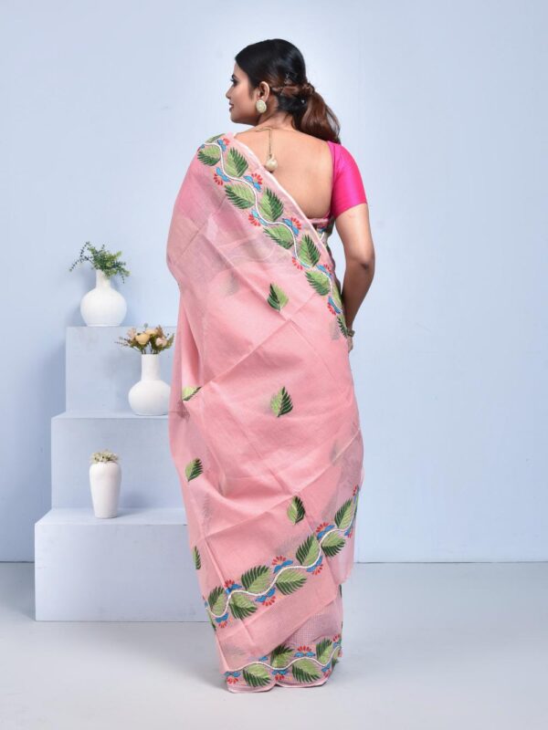 Peach Kota Doria Saree with Hand Embroidered Leaf Design - Image 2