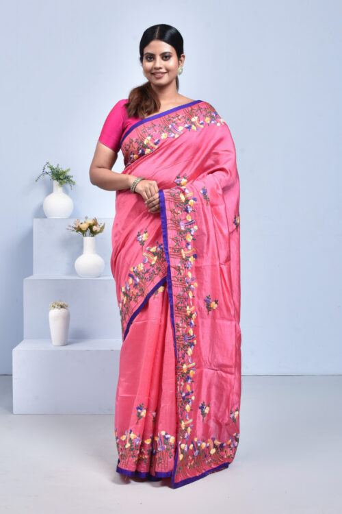 Pink Floral Hand Embroidered Silk Saree