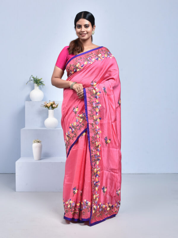 Pink Floral Hand Embroidered Silk Saree