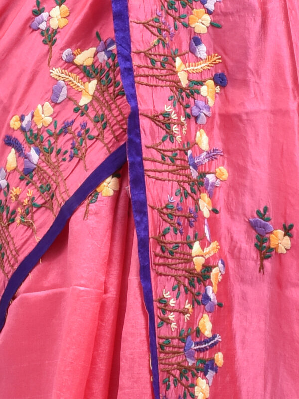Pink Floral Hand Embroidered Silk Saree - Image 6