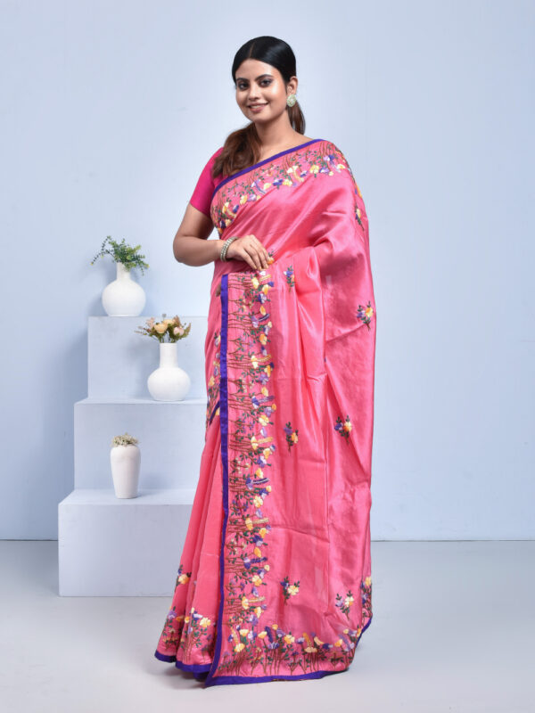 Pink Floral Hand Embroidered Silk Saree - Image 4