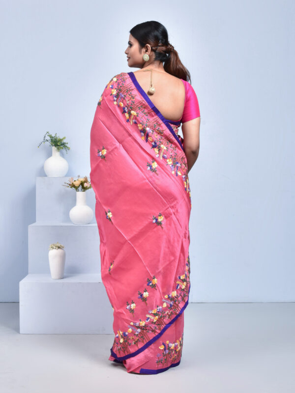 Pink Floral Hand Embroidered Silk Saree - Image 2