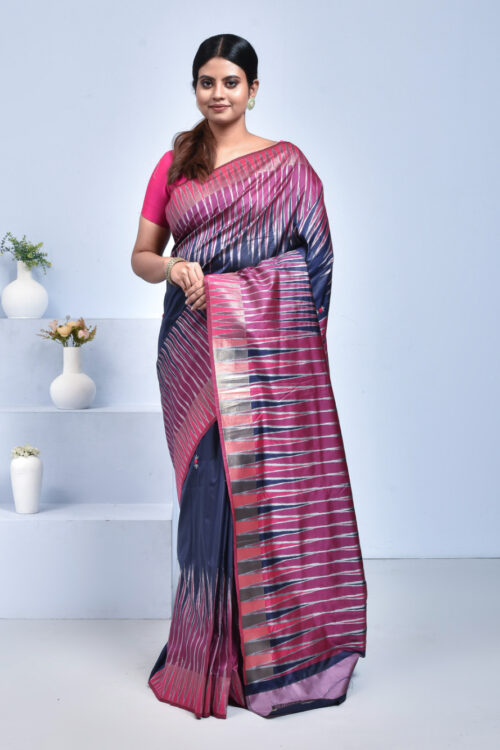 Navy Blue Floral Hand Embroidered Printed Semi Silk Saree