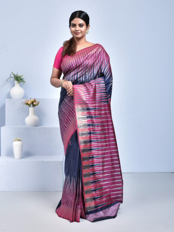Navy Blue Floral Hand Embroidered Printed Semi Silk Saree