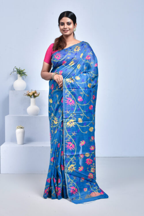Blue Floral Bengal Tussar Silk Saree