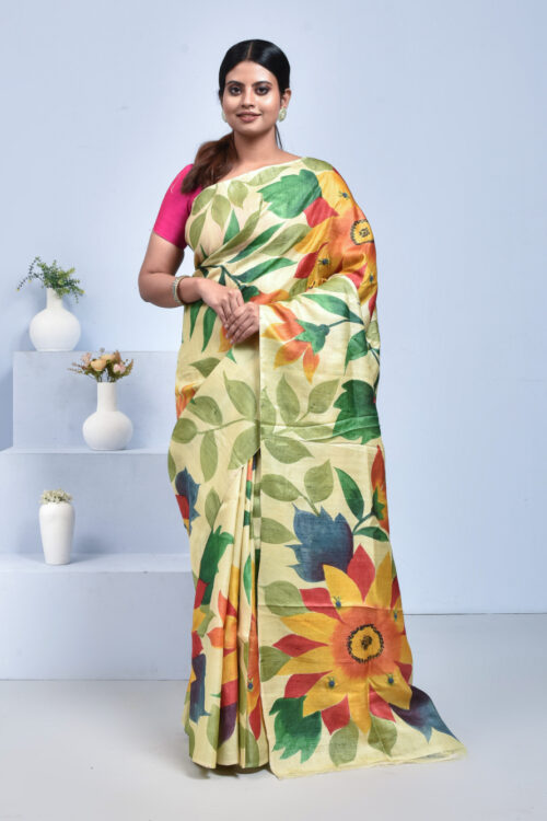 Beige Floral Hand painted Hand Embroidered Silk Saree