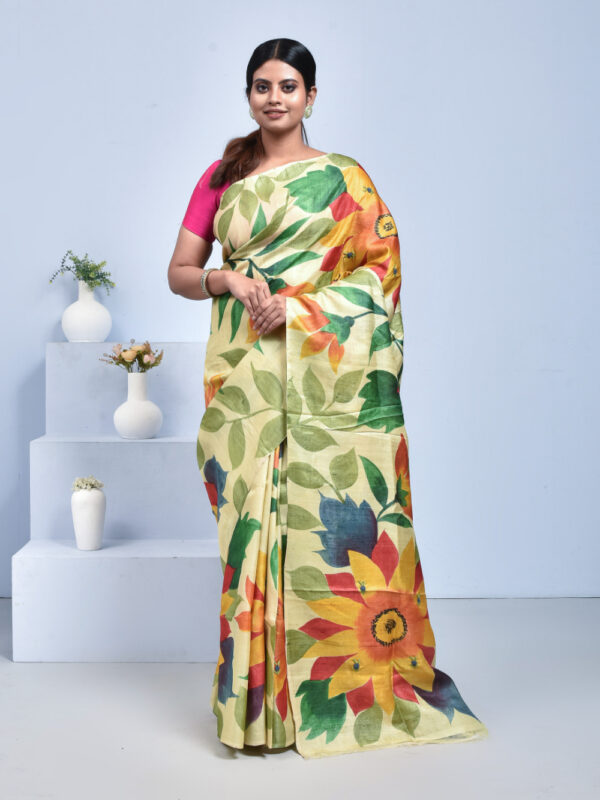 Beige Hand Woven Kanjeevaram Silk Saree with Purple Border