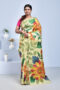 Beige Floral Hand painted Hand Embroidered Silk Saree