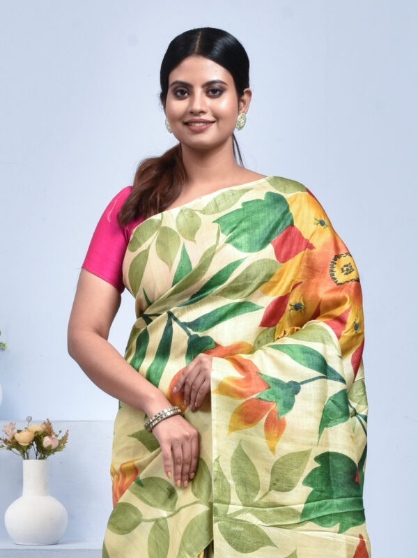 Beige Hand Woven Kanjeevaram Silk Saree with Purple Border - Image 5