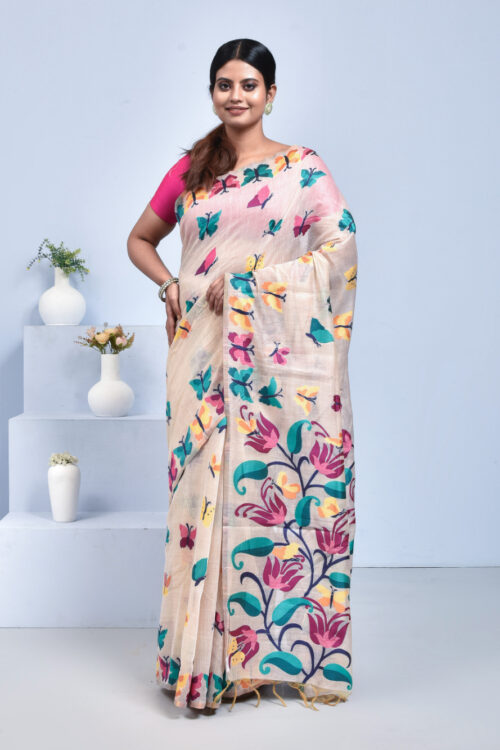 Off-White Butterfly Design Bengal Tussar Silk Saree