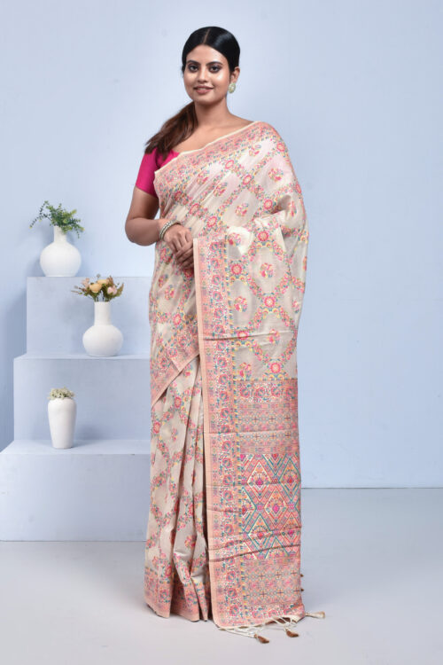 Off White Handwoven Meenakari Bengal Tussar Silk Saree