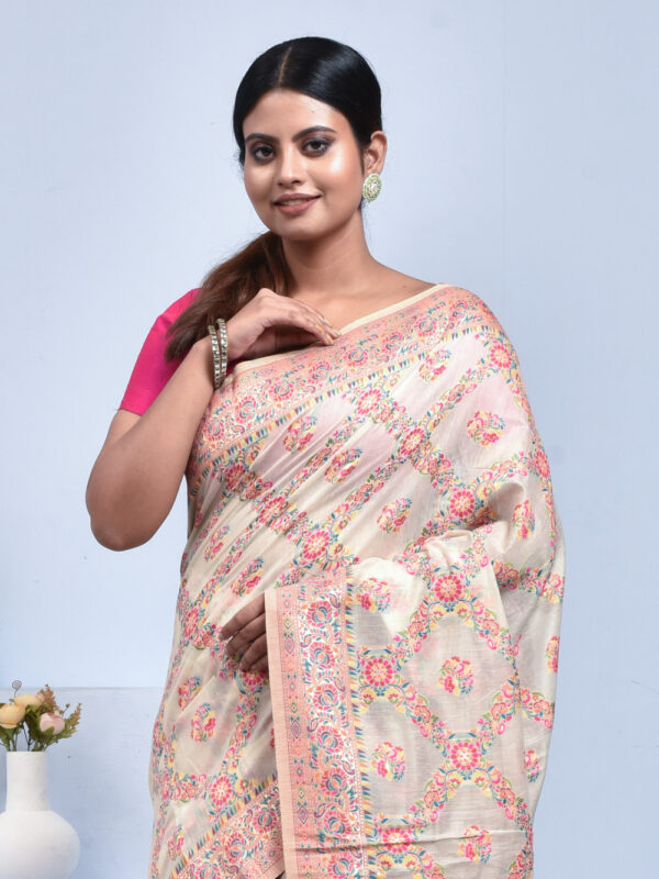 Off White Handwoven Meenakari Bengal Tussar Silk Saree - Image 5