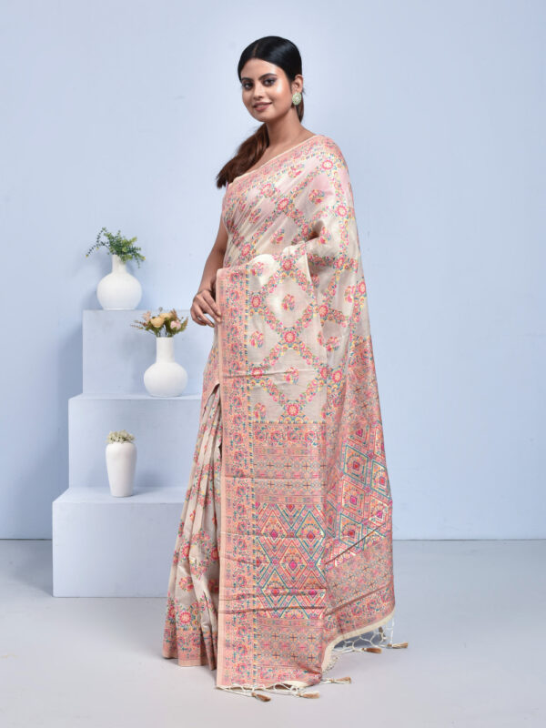 Off White Handwoven Meenakari Bengal Tussar Silk Saree - Image 4