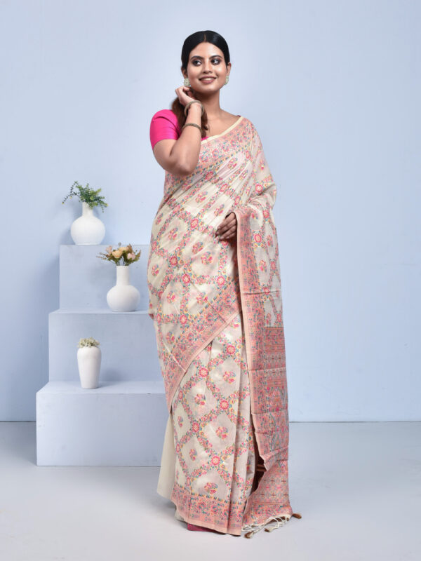Off White Handwoven Meenakari Bengal Tussar Silk Saree - Image 3