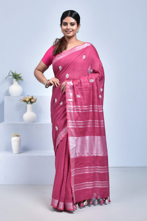 Fuchsia Pink Floral Embroidered Linen Saree