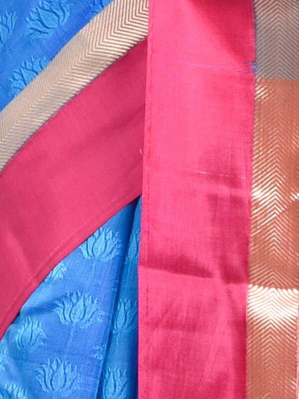 Blue & Pink South Cotton Saree with Floral Zari Design - Image 6