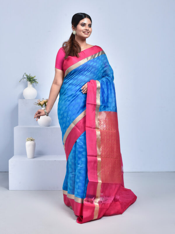 Blue & Pink South Cotton Saree with Floral Zari Design - Image 3