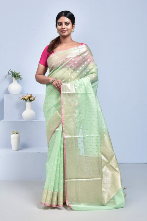 Green Butta Design Banaras Kora Silk Saree