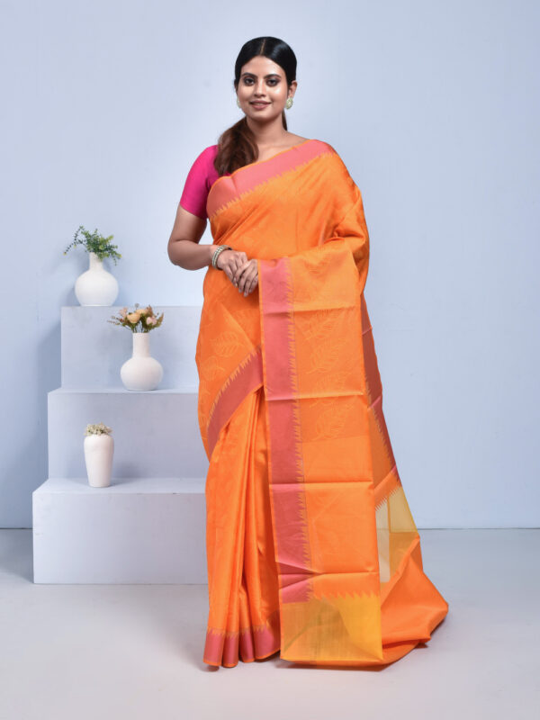 Yellow South Cotton Saree with Leaf Design