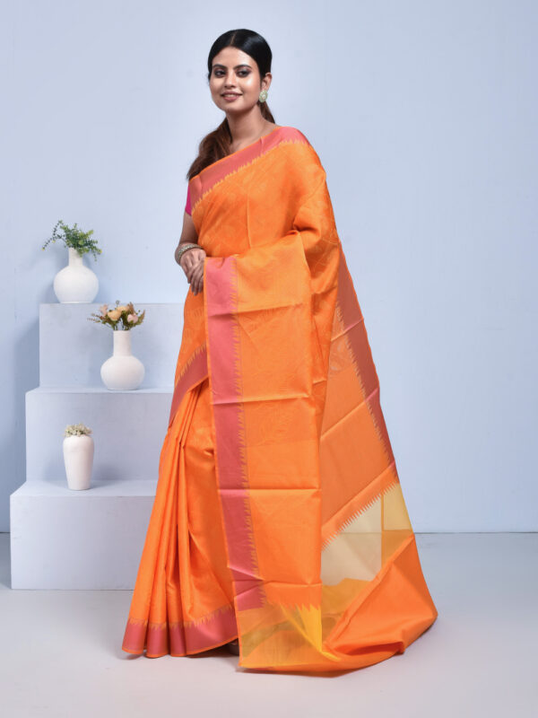 Yellow South Cotton Saree with Leaf Design - Image 4