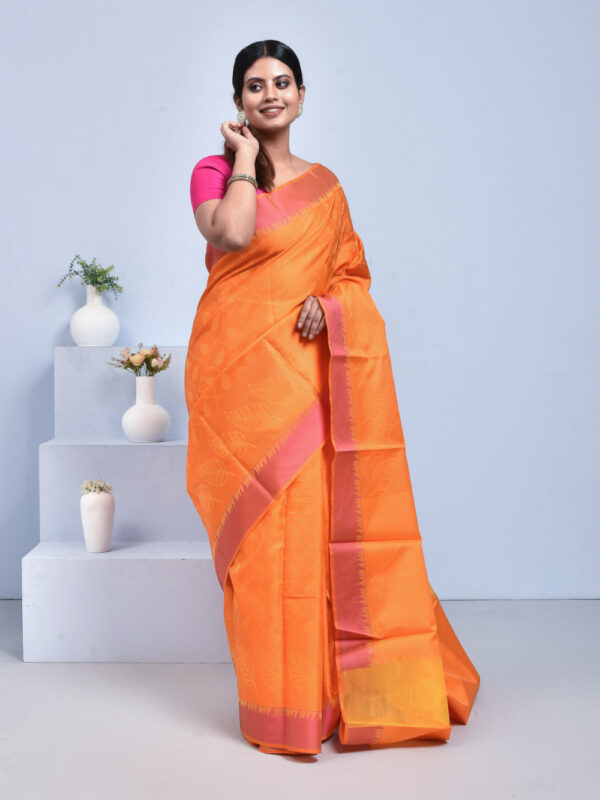 Yellow South Cotton Saree with Leaf Design - Image 3