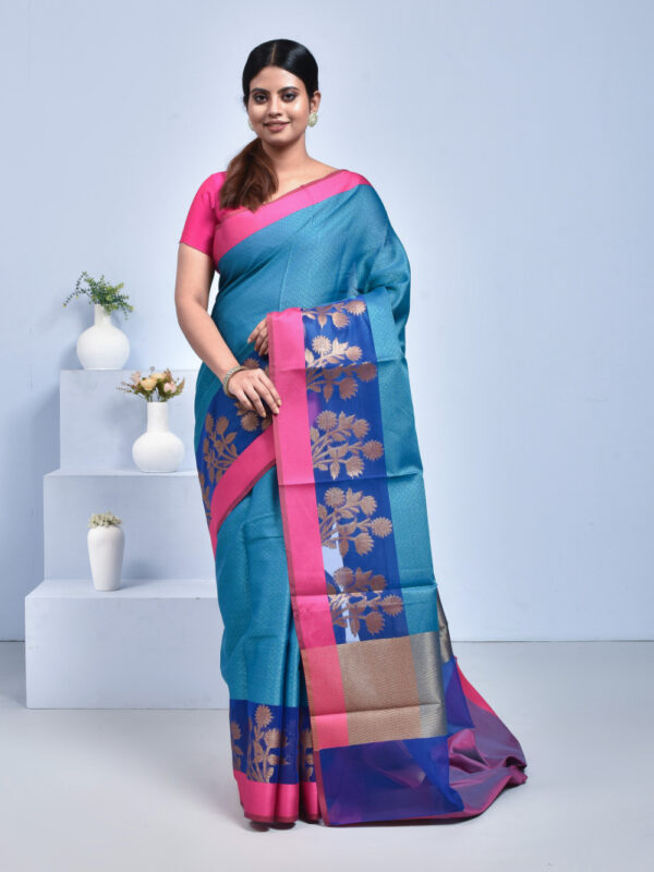 Blue & Pink South Cotton Saree with Floral Zari Design