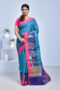 Blue & Pink South Cotton Saree with Floral Zari Design