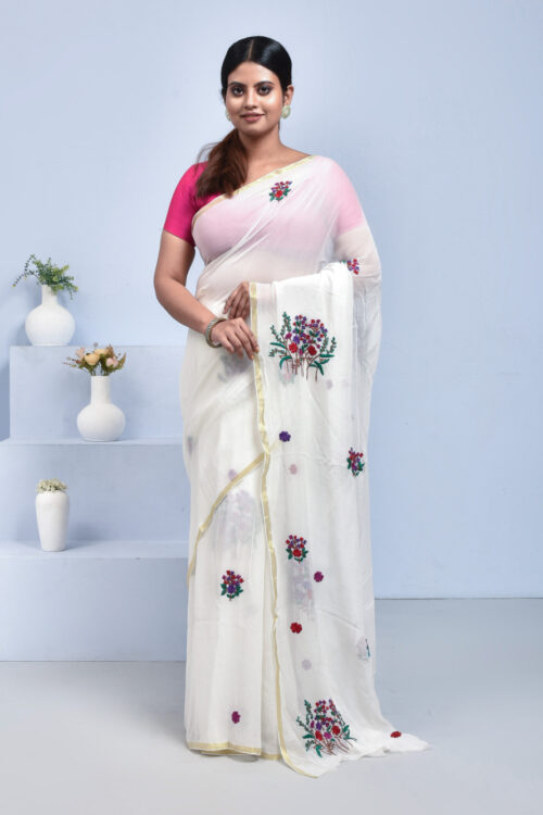 White Floral Hand Embroidered Georgette Saree