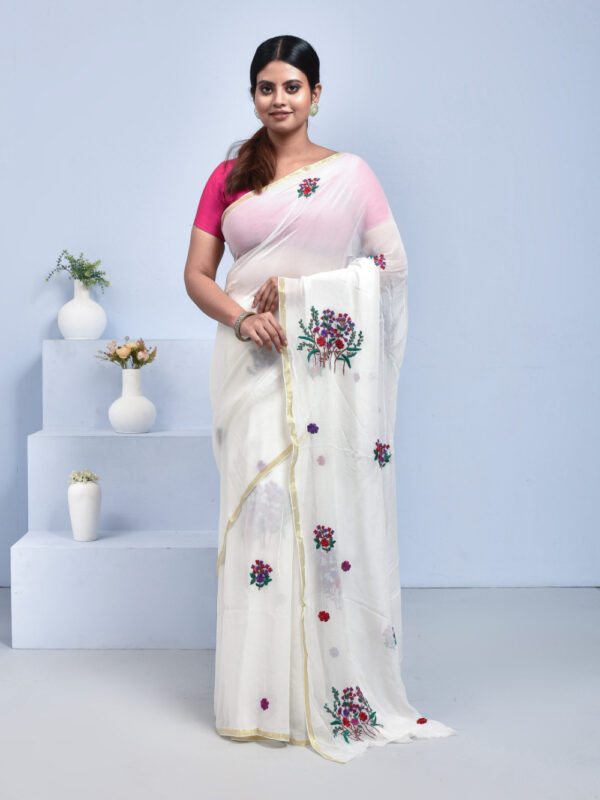 White Floral Hand Embroidered Georgette Saree