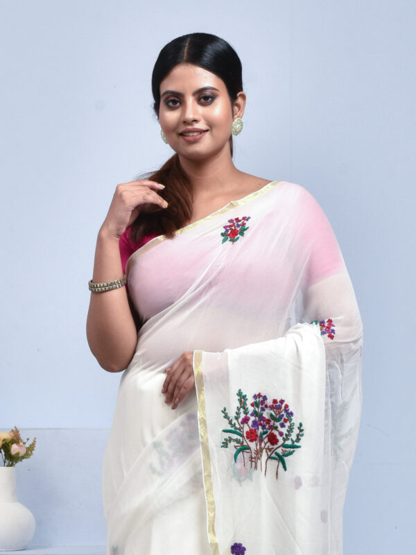 White Floral Hand Embroidered Georgette Saree - Image 5