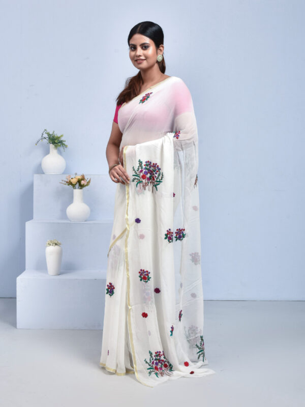 White Floral Hand Embroidered Georgette Saree - Image 4