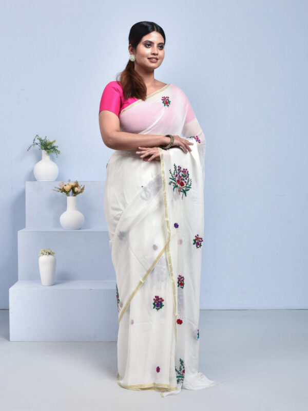 White Floral Hand Embroidered Georgette Saree - Image 3
