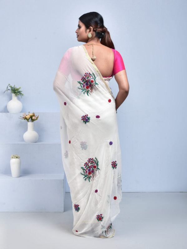 White Floral Hand Embroidered Georgette Saree - Image 2