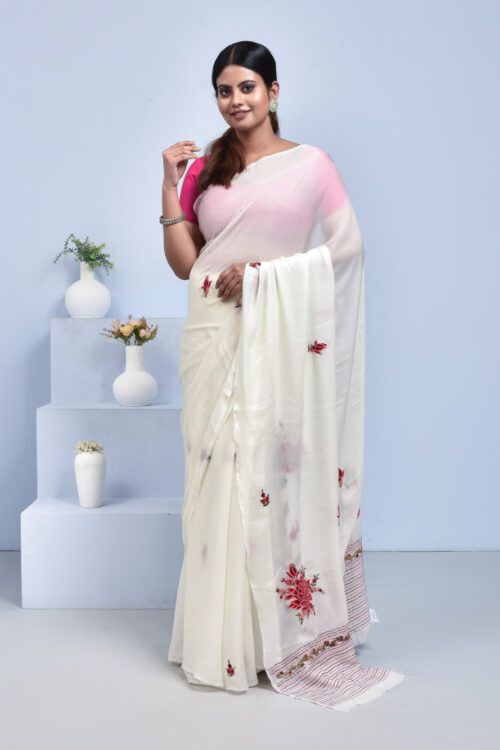 Off-White Dahlia design Hand Embroidered Chiffon Saree