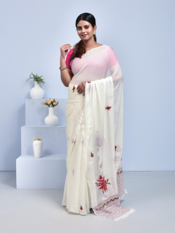 Off-White Dahlia design Hand Embroidered Chiffon Saree