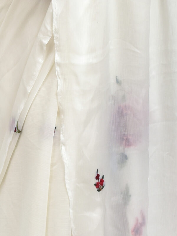 Off-White Dahlia design Hand Embroidered Chiffon Saree - Image 6