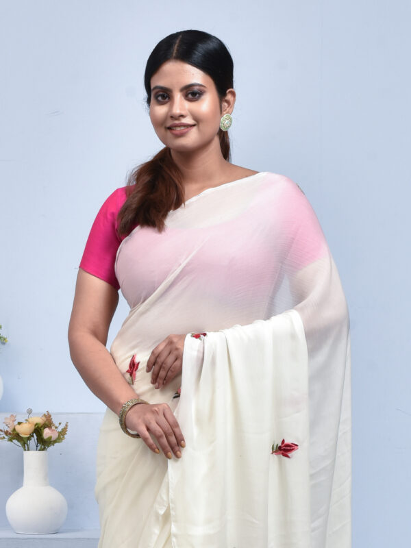 Off-White Dahlia design Hand Embroidered Chiffon Saree - Image 2