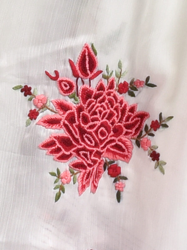 Off-White Dahlia design Hand Embroidered Chiffon Saree - Image 7