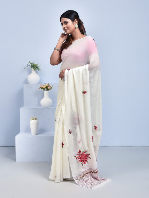 Off-White Dahlia design Hand Embroidered Chiffon Saree - Image 5