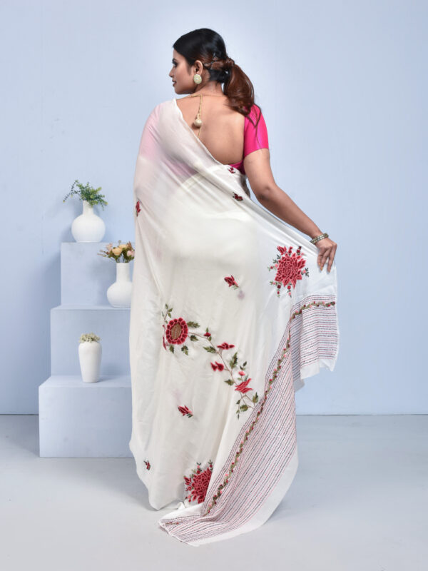 Off-White Dahlia design Hand Embroidered Chiffon Saree - Image 3