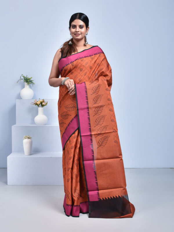 Orange South Cotton Saree with Leaf Design
