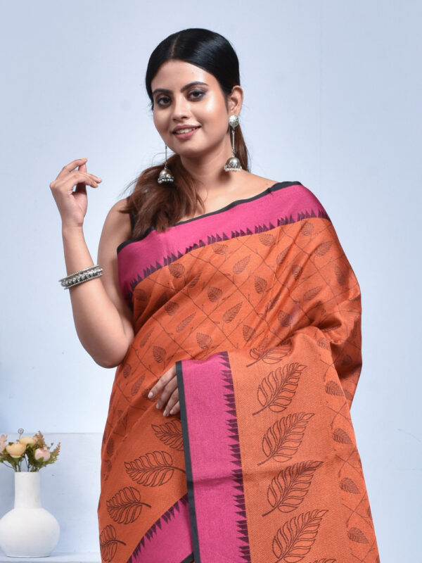 Orange South Cotton Saree with Leaf Design - Image 5