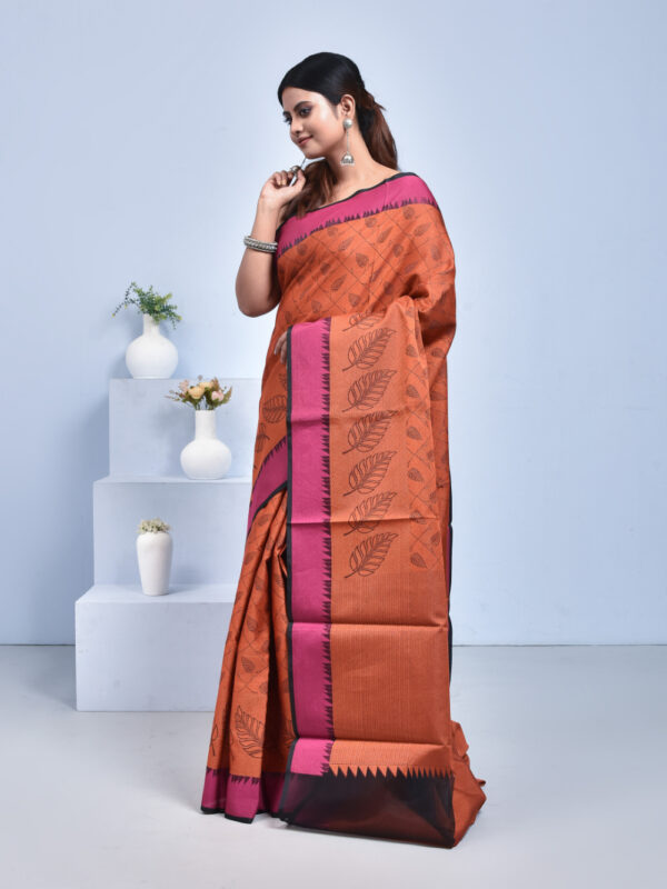 Orange South Cotton Saree with Leaf Design - Image 3