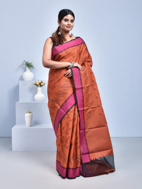 Orange South Cotton Saree with Leaf Design - Image 4