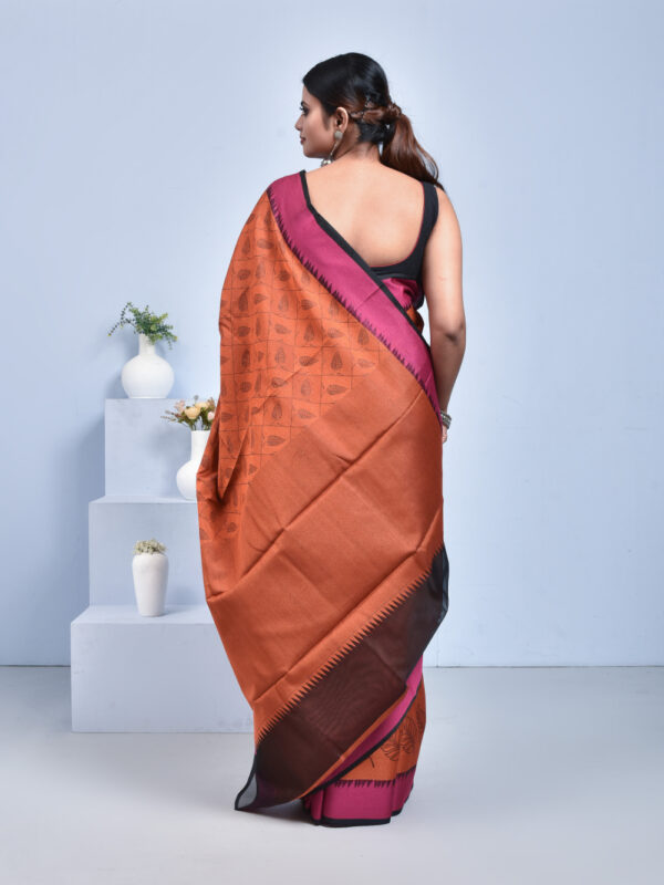 Orange South Cotton Saree with Leaf Design - Image 2