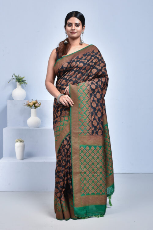 Black Jute Silk Saree with Floral Zari Work