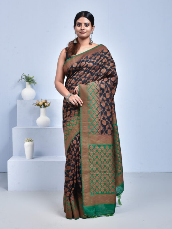 Black Jute Silk Saree with Floral Zari Work